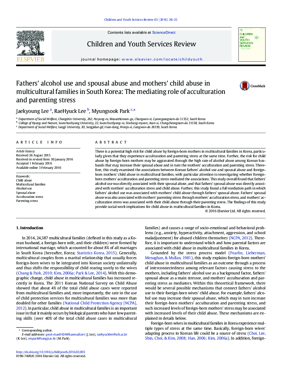 Fathers' alcohol use and spousal abuse and mothers' child abuse in multicultural families in South Korea: The mediating role of acculturation and parenting stress