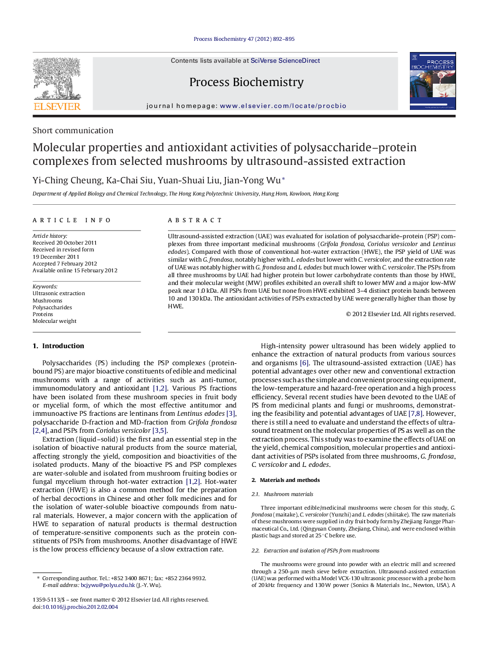 Molecular properties and antioxidant activities of polysaccharide–protein complexes from selected mushrooms by ultrasound-assisted extraction