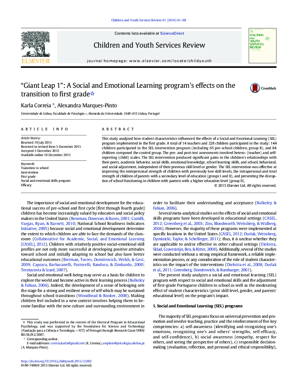 “Giant Leap 1”: A Social and Emotional Learning program's effects on the transition to first grade 