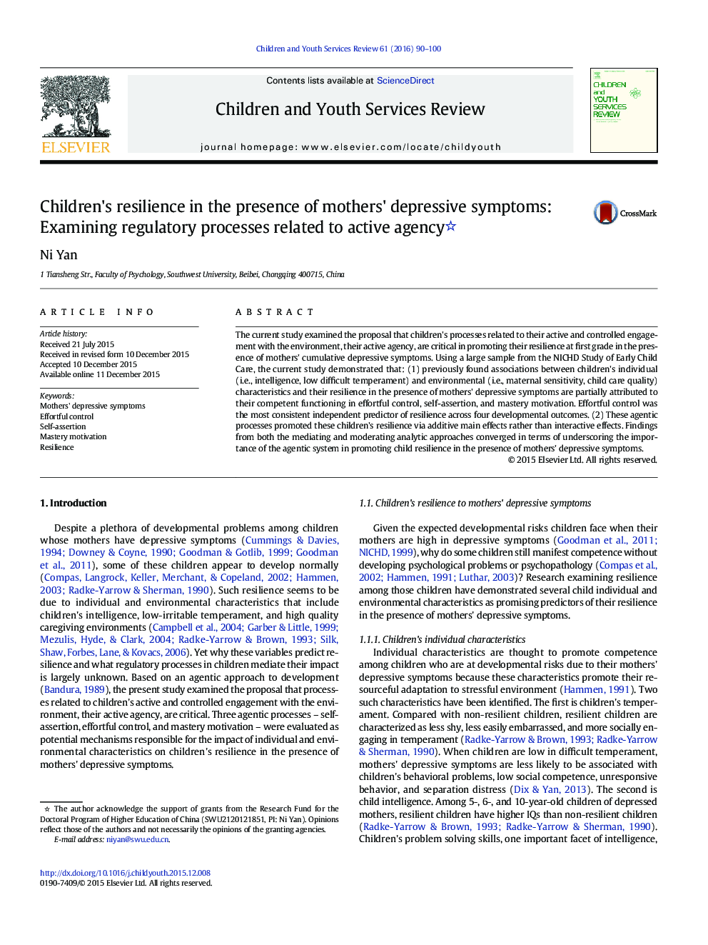 Children's resilience in the presence of mothers' depressive symptoms: Examining regulatory processes related to active agency 