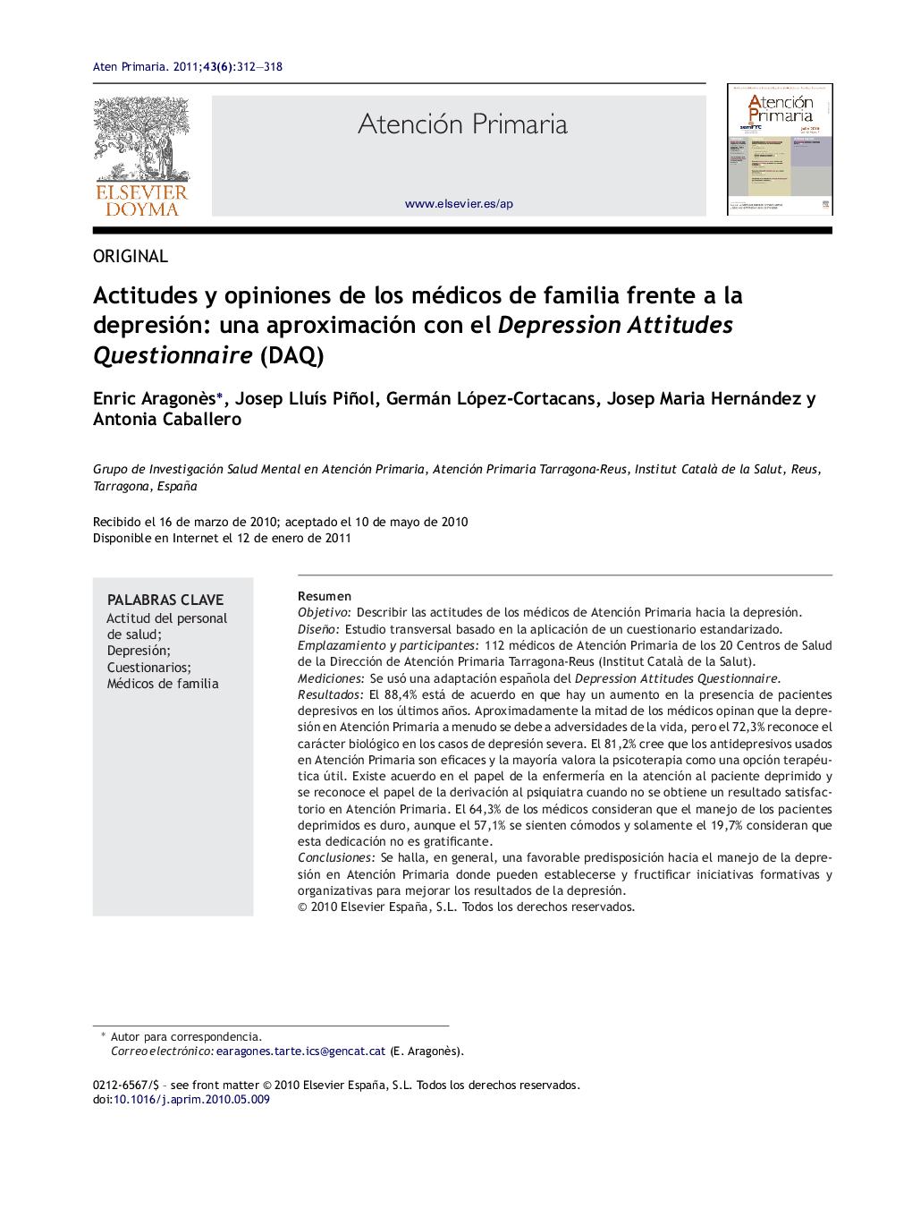 Actitudes y opiniones de los médicos de familia frente a la depresión: una aproximación con el Depression Attitudes Questionnaire (DAQ)