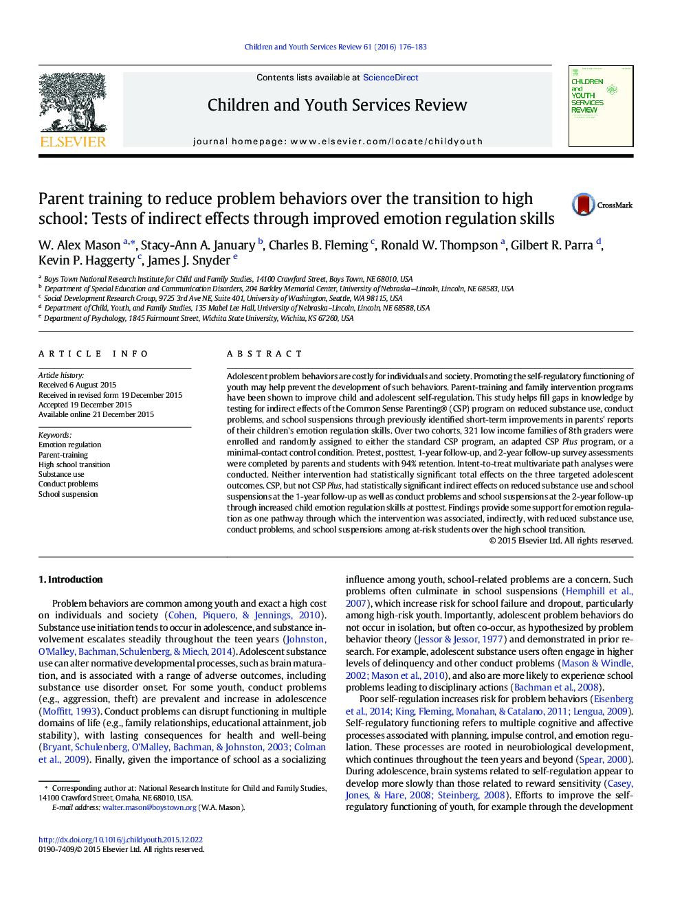 Parent training to reduce problem behaviors over the transition to high school: Tests of indirect effects through improved emotion regulation skills