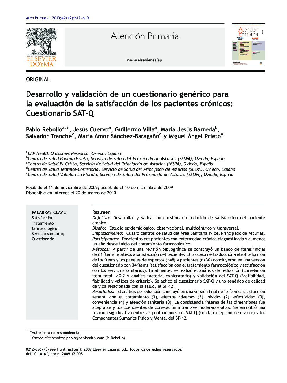 Desarrollo y validación de un cuestionario genérico para la evaluación de la satisfacción de los pacientes crónicos: Cuestionario SAT-Q