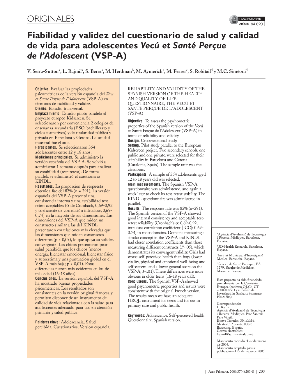 Fiabilidad y validez del cuestionario de salud y calidad de vida para adolescentes Vecú et Santé Perçue de l’Adolescent (VSP-A) 