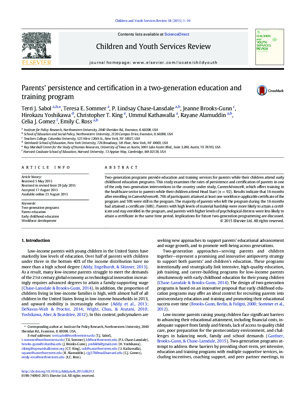 Parents' persistence and certification in a two-generation education and training program