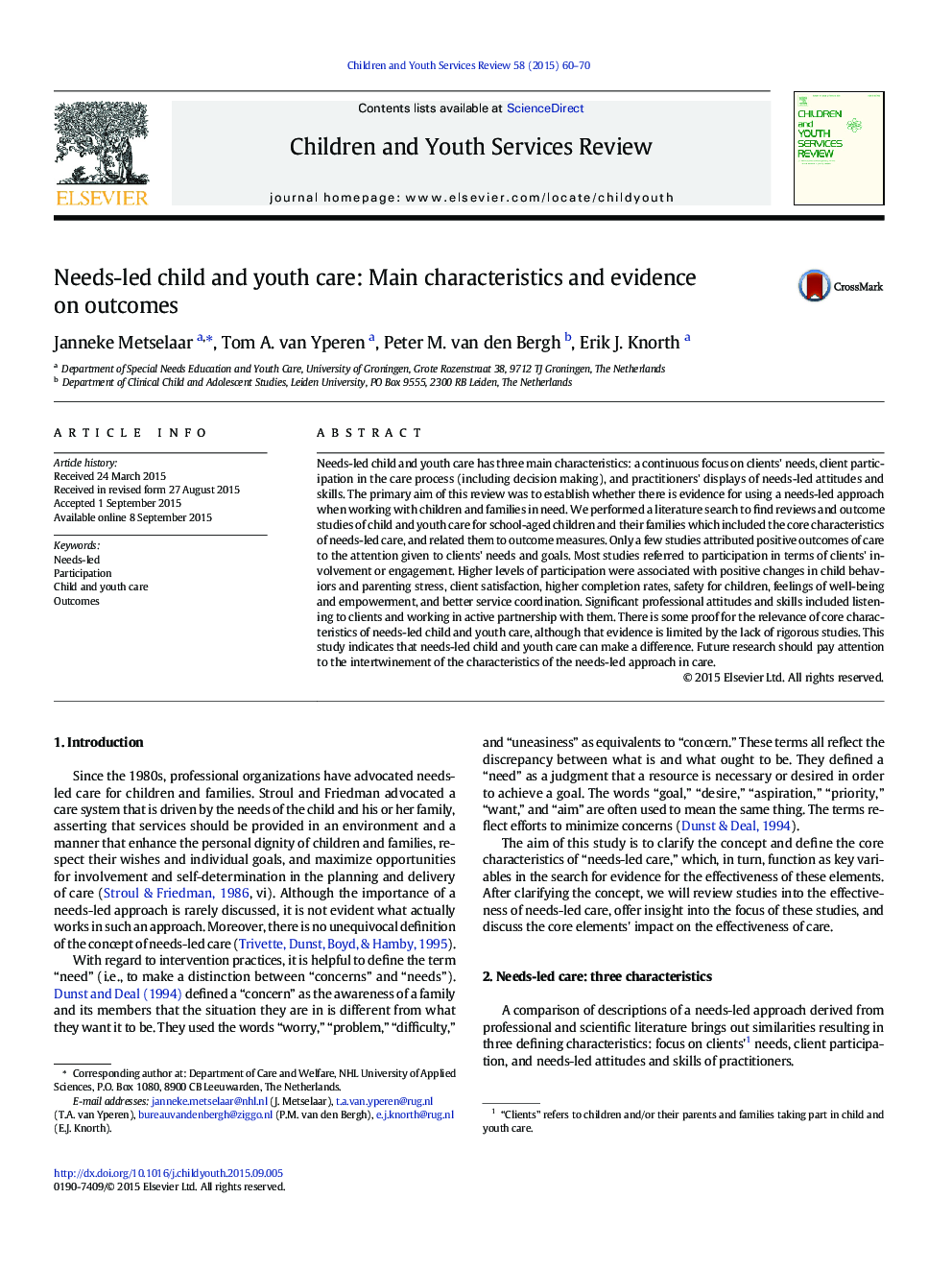 Needs-led child and youth care: Main characteristics and evidence on outcomes