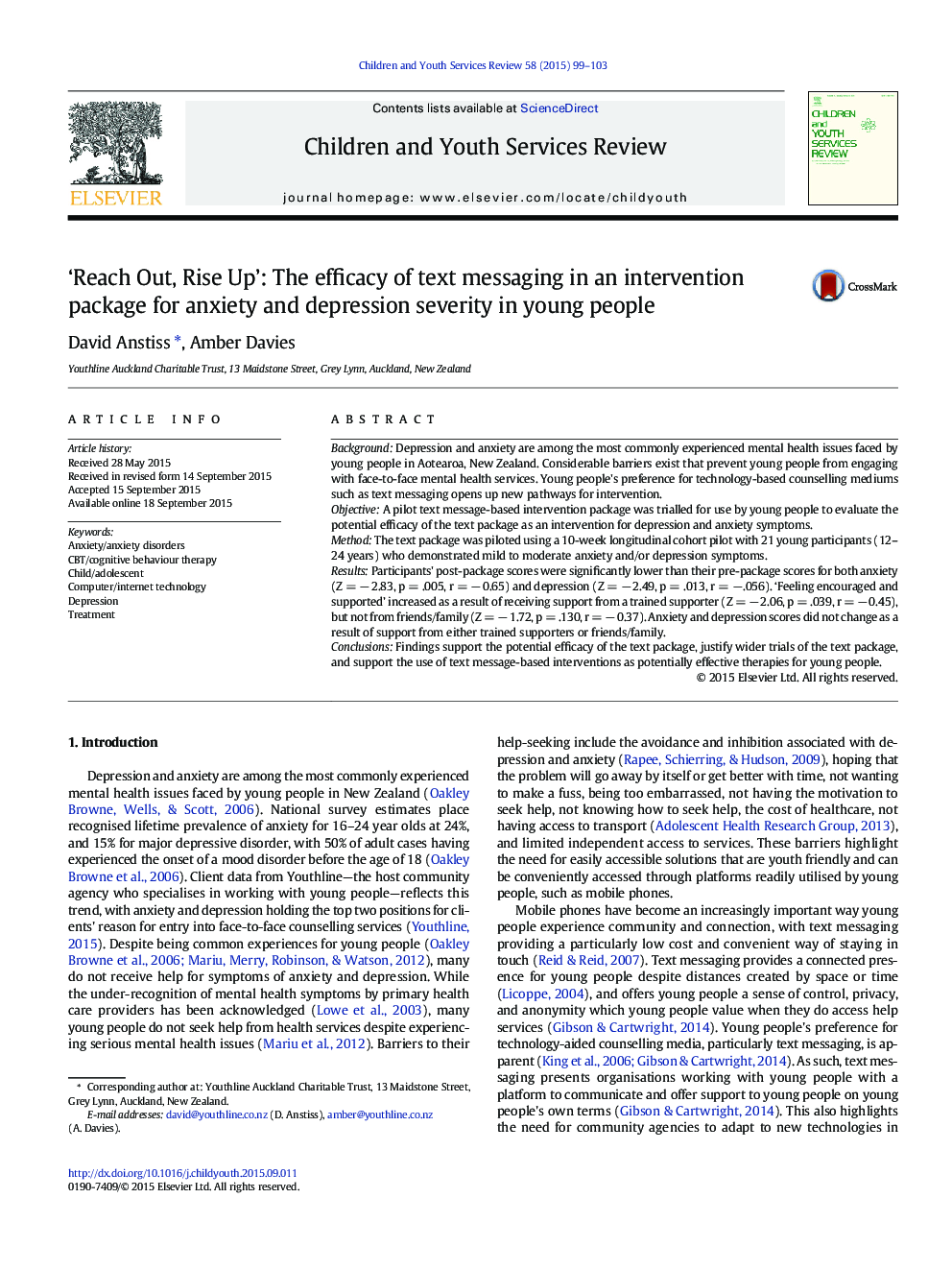 ‘Reach Out, Rise Up’: The efficacy of text messaging in an intervention package for anxiety and depression severity in young people