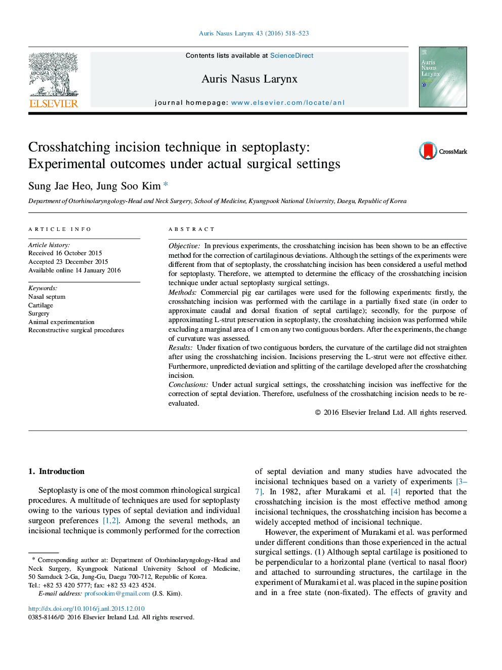 Crosshatching incision technique in septoplasty: Experimental outcomes under actual surgical settings