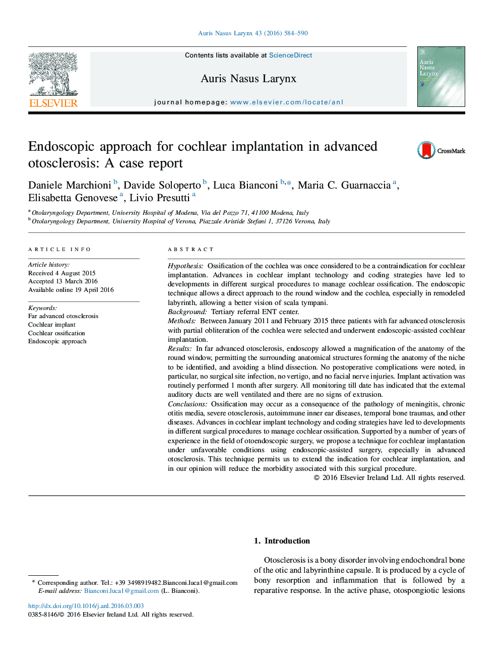 Endoscopic approach for cochlear implantation in advanced otosclerosis: A case report