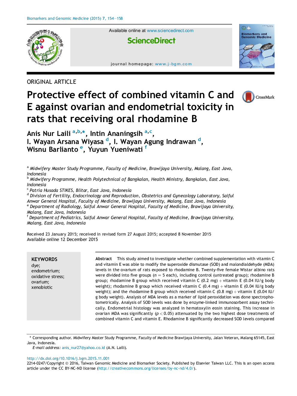 Protective effect of combined vitamin C and E against ovarian and endometrial toxicity in rats that receiving oral rhodamine B