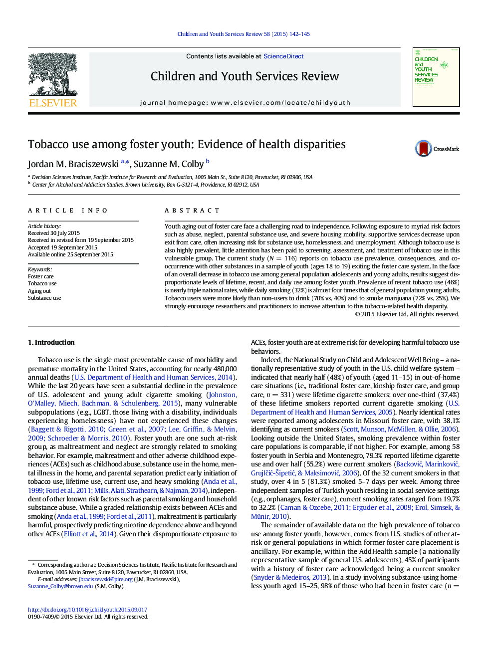 Tobacco use among foster youth: Evidence of health disparities