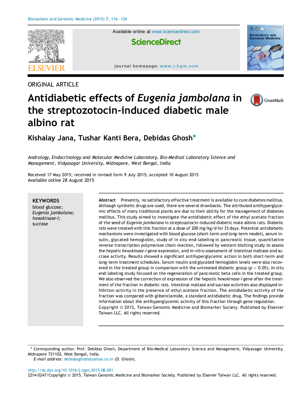 Antidiabetic effects of Eugenia jambolana in the streptozotocin-induced diabetic male albino rat