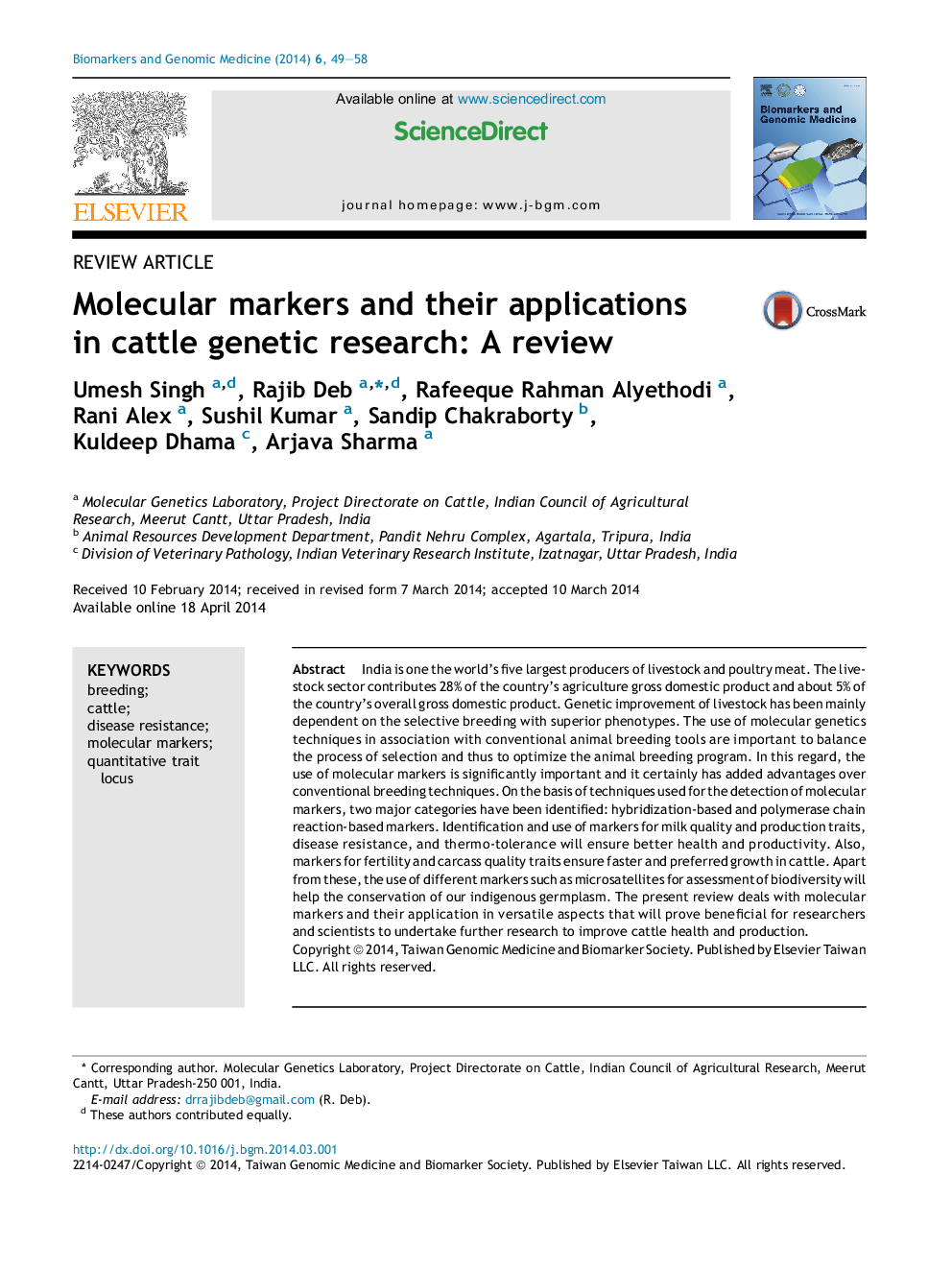 Molecular markers and their applications in cattle genetic research: A review