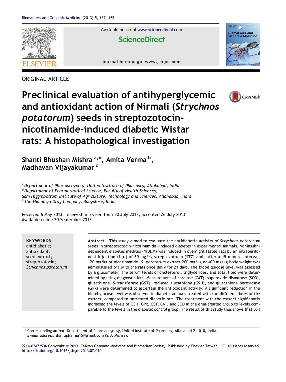 Preclinical valuation of anti-hyperglycemic and antioxidant action of Nirmali (Strychnos potatorum) seeds in streptozotocin-nicotinamide-induced diabetic Wistar rats: A histopathological investigation