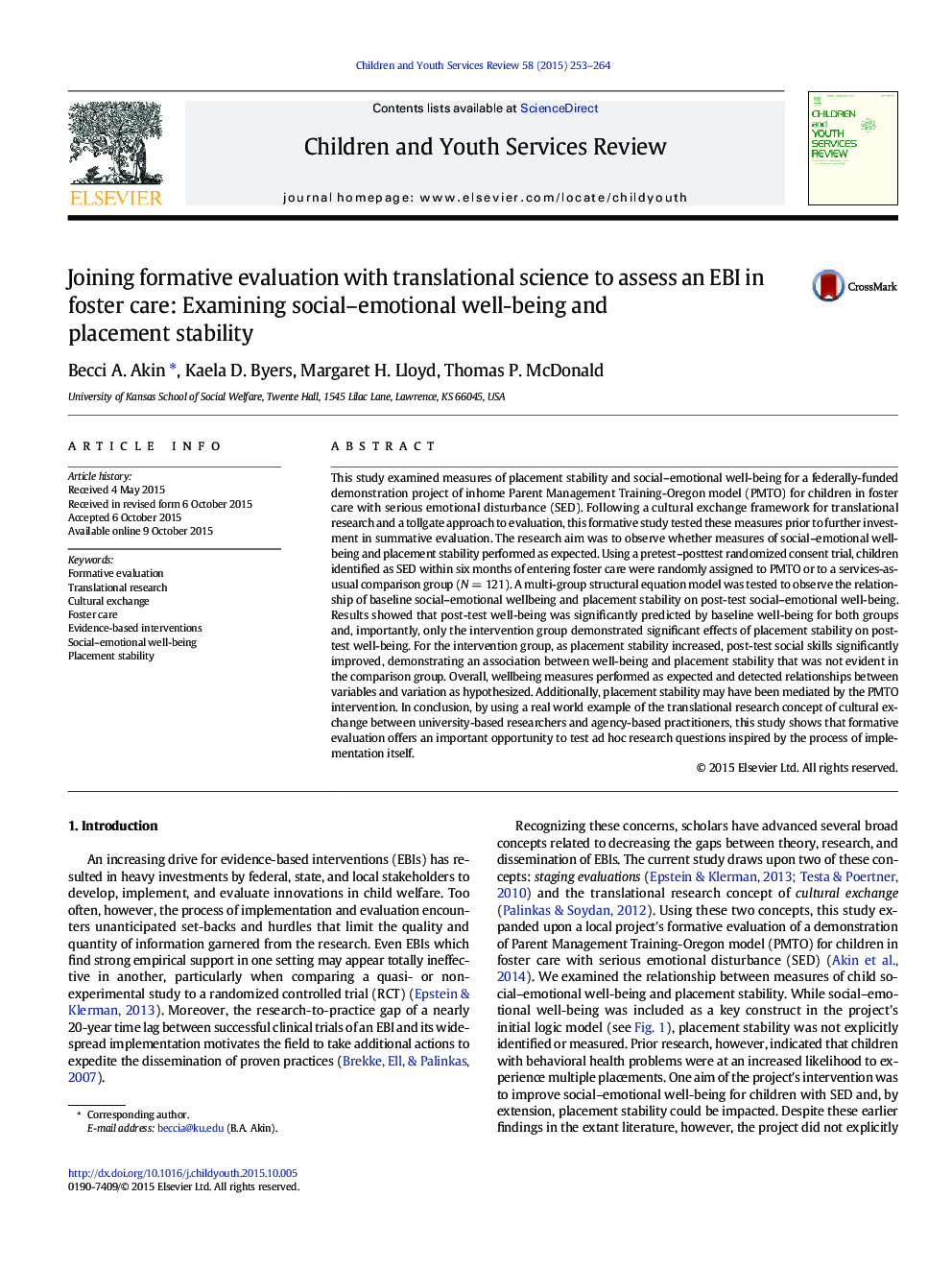 Joining formative evaluation with translational science to assess an EBI in foster care: Examining social–emotional well-being and placement stability