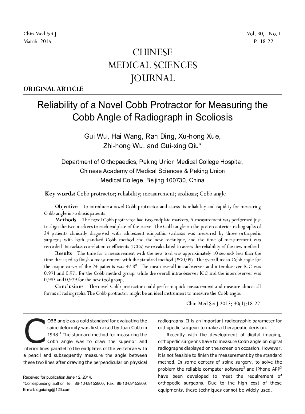 Reliability of a Novel Cobb Protractor for Measuring the Cobb Angle of Radiograph in Scoliosis