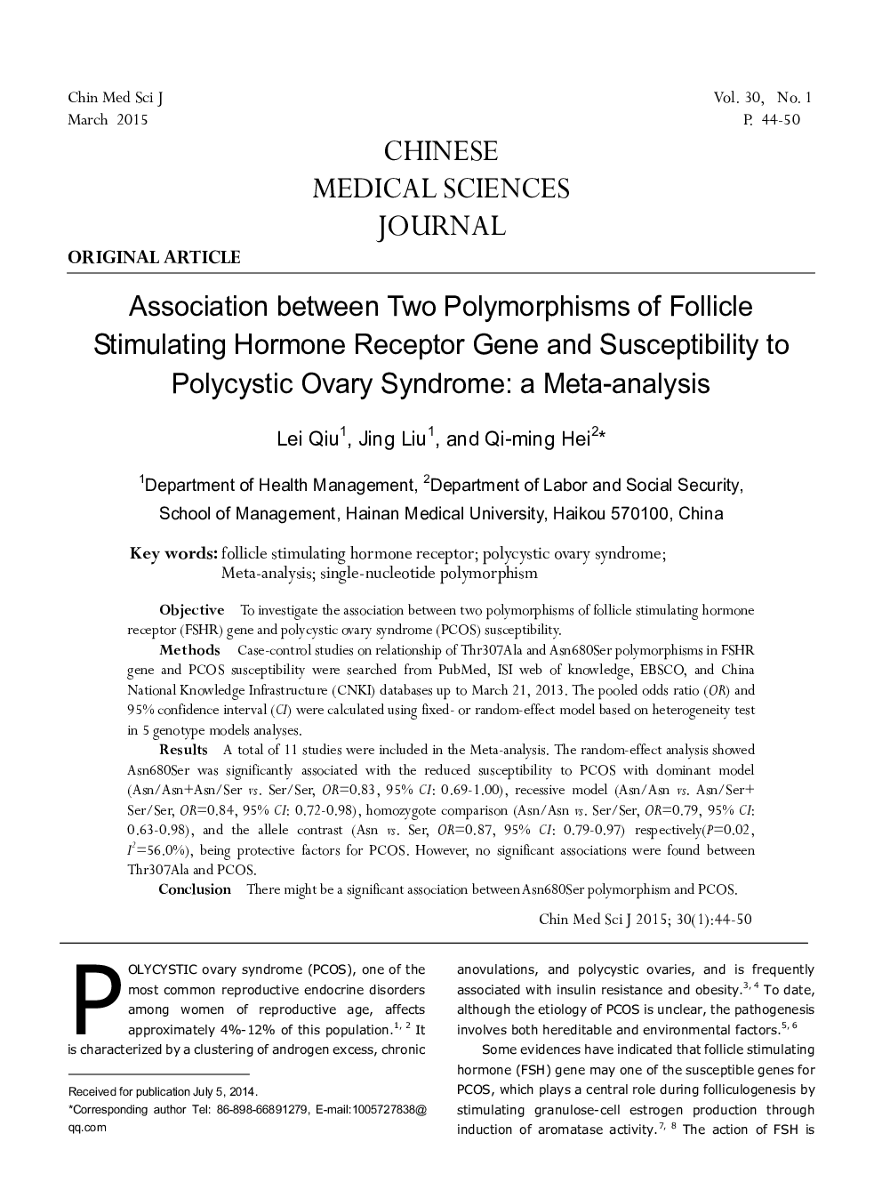 Association between Two Polymorphisms of Follicle Stimulating Hormone Receptor Gene and Susceptibility to Polycystic Ovary Syndrome: a Meta-analysis