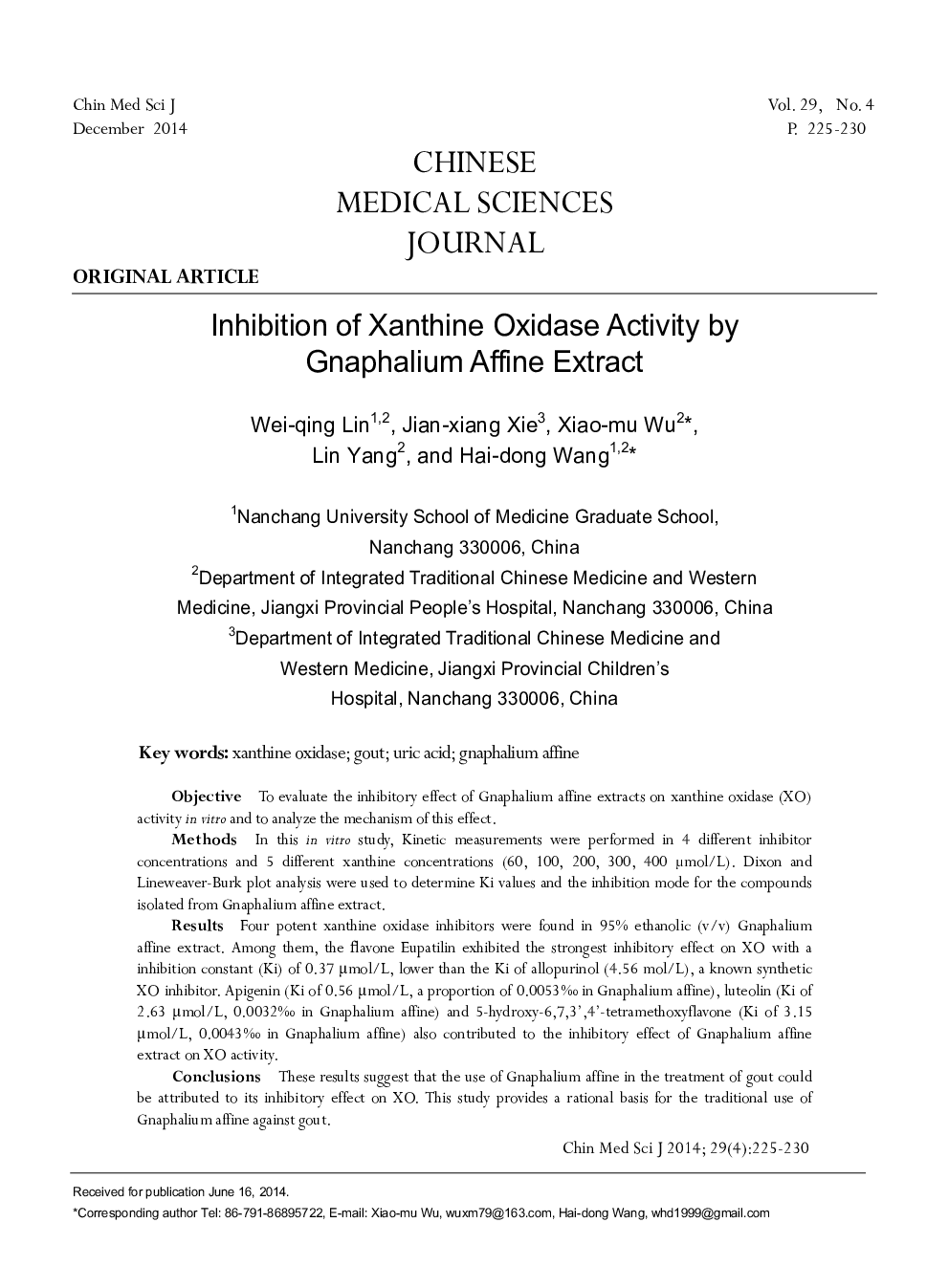 Inhibition of Xanthine Oxidase Activity by Gnaphalium Affine Extract