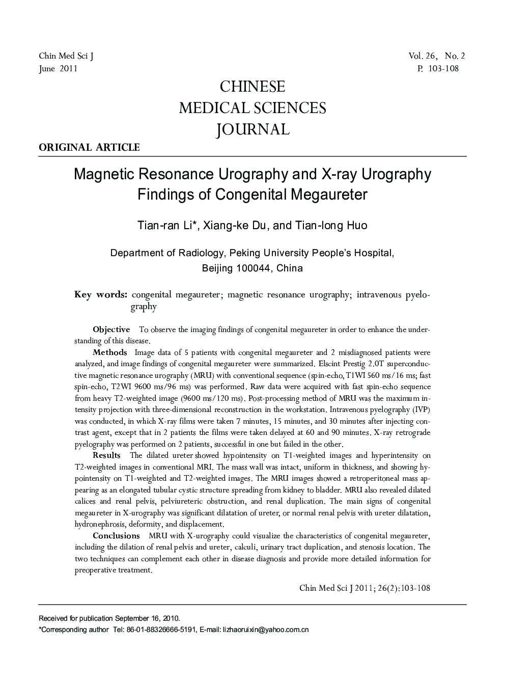 Magnetic Resonance Urography and X-ray Urography Findings of Congenital Megaureter