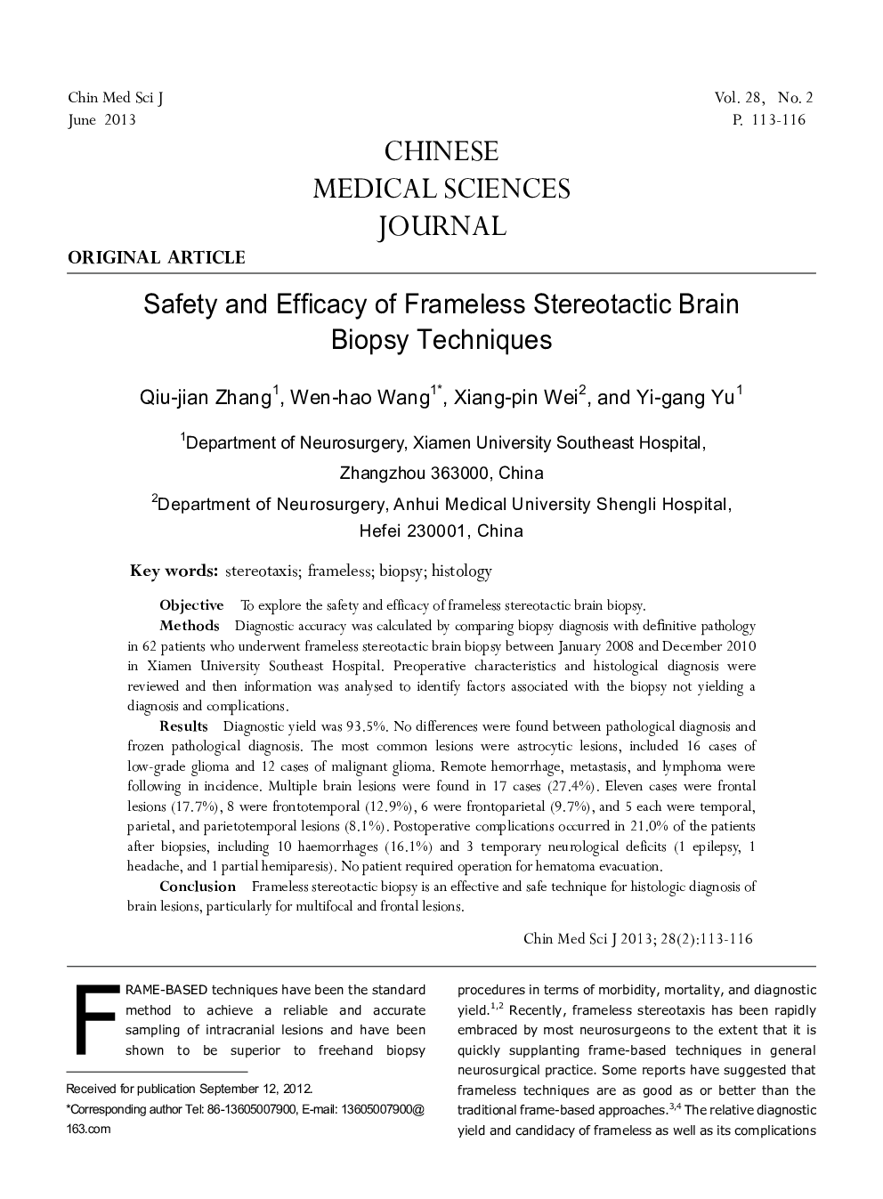 Safety and Efficacy of Frameless Stereotactic Brain Biopsy Techniques