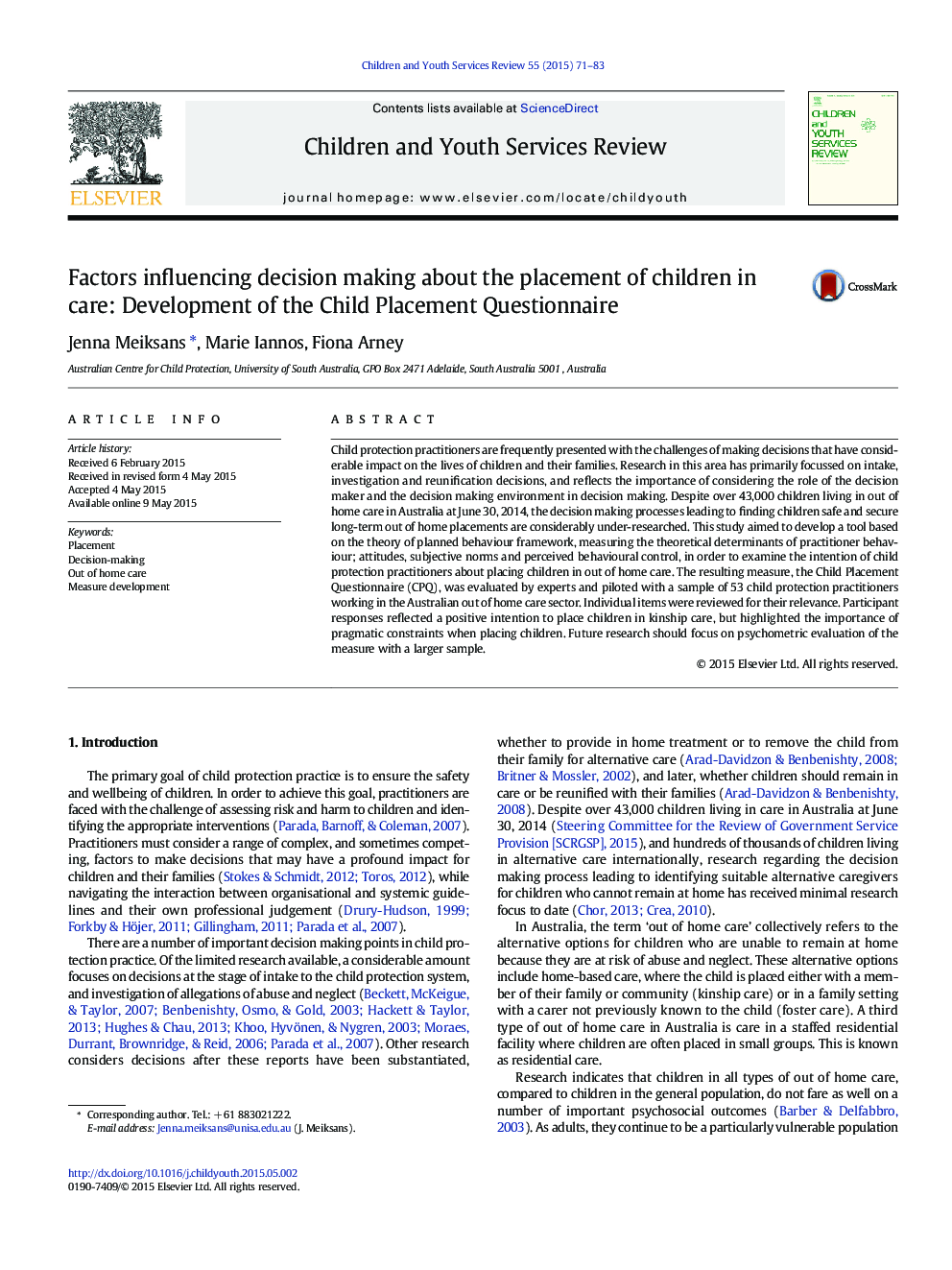 Factors influencing decision making about the placement of children in care: Development of the Child Placement Questionnaire
