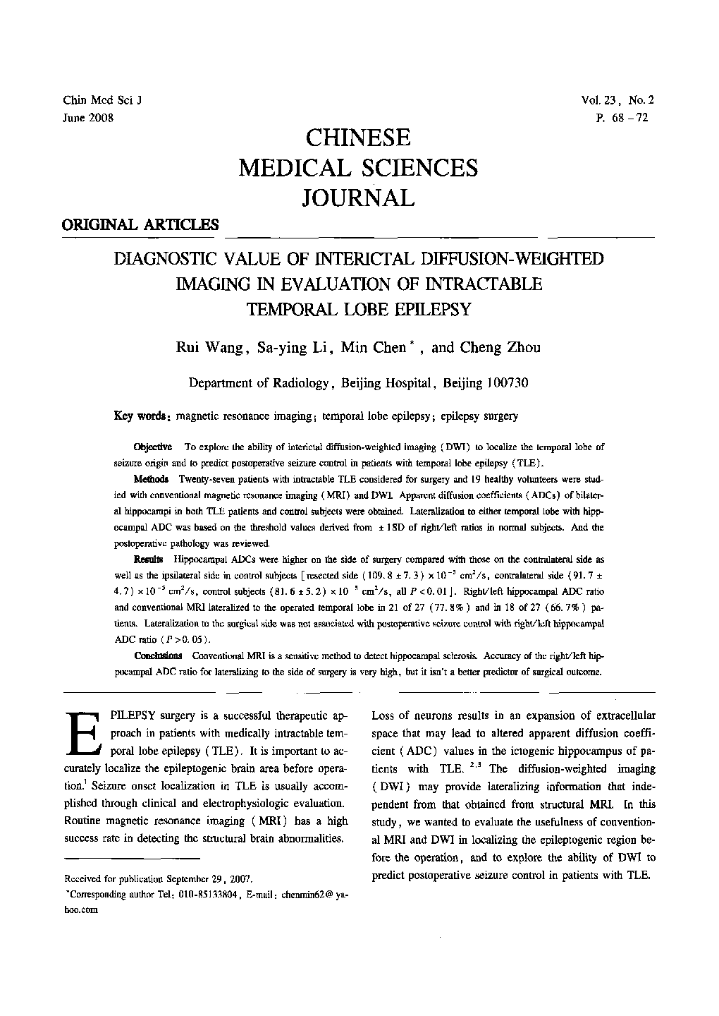 Diagnostic Value of Interictal Diffusion-Weighted Imaging in Evaluation of Intractable Temporal Lobe Epilepsy