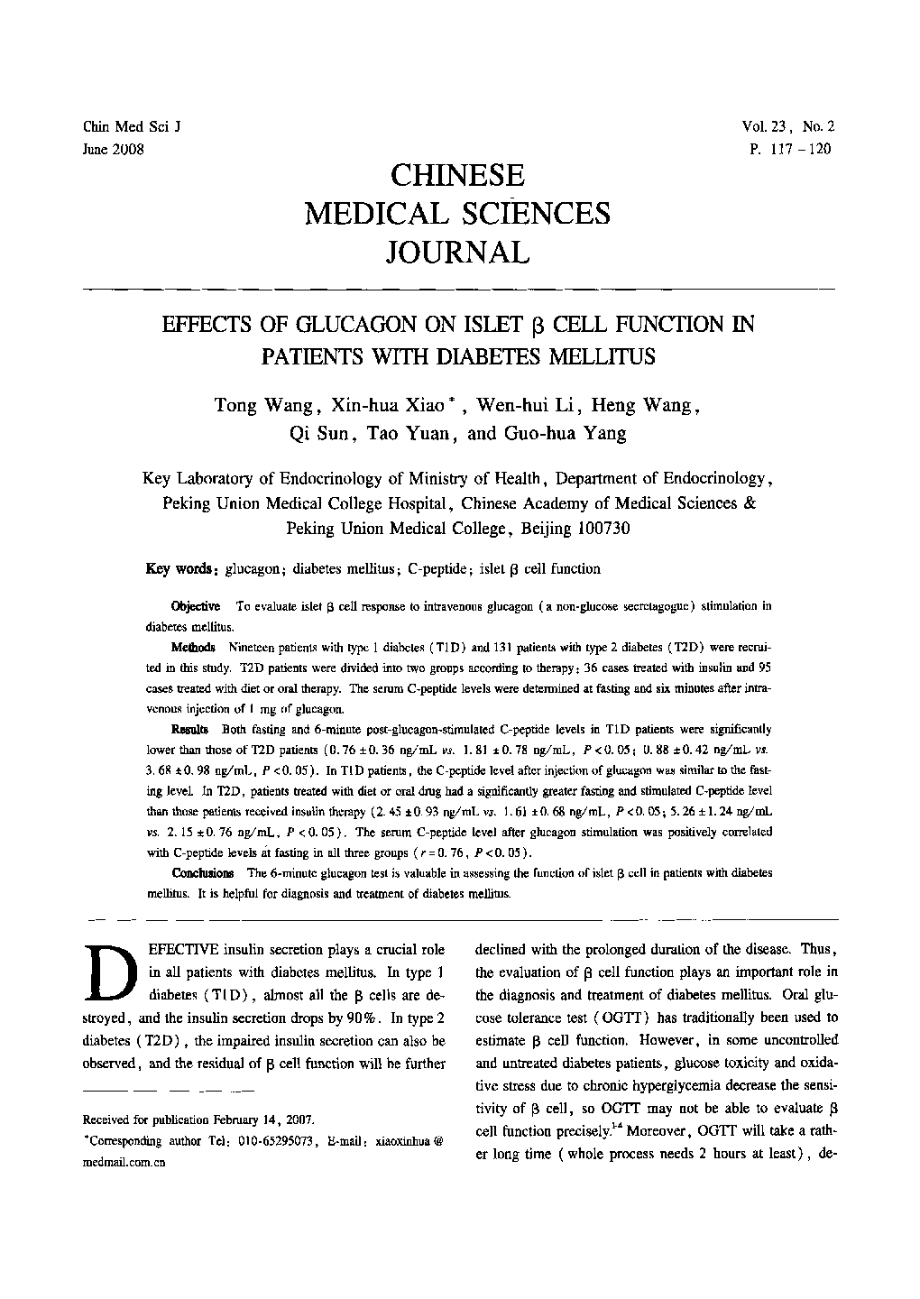 Effects of Glucagon on Islet β Cell Function in Patients With Diabetes Mellitus