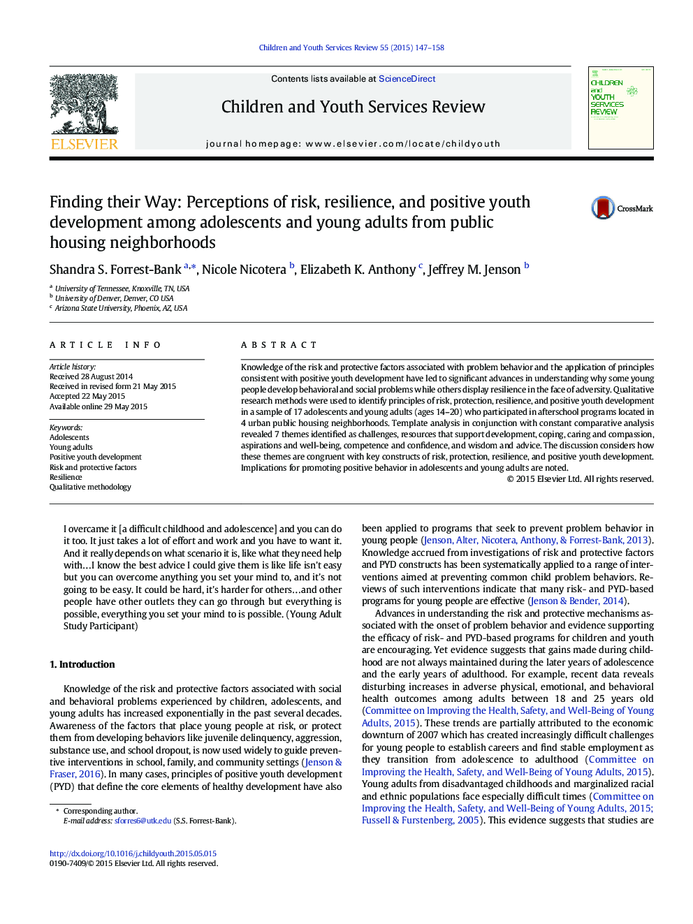 Finding their Way: Perceptions of risk, resilience, and positive youth development among adolescents and young adults from public housing neighborhoods