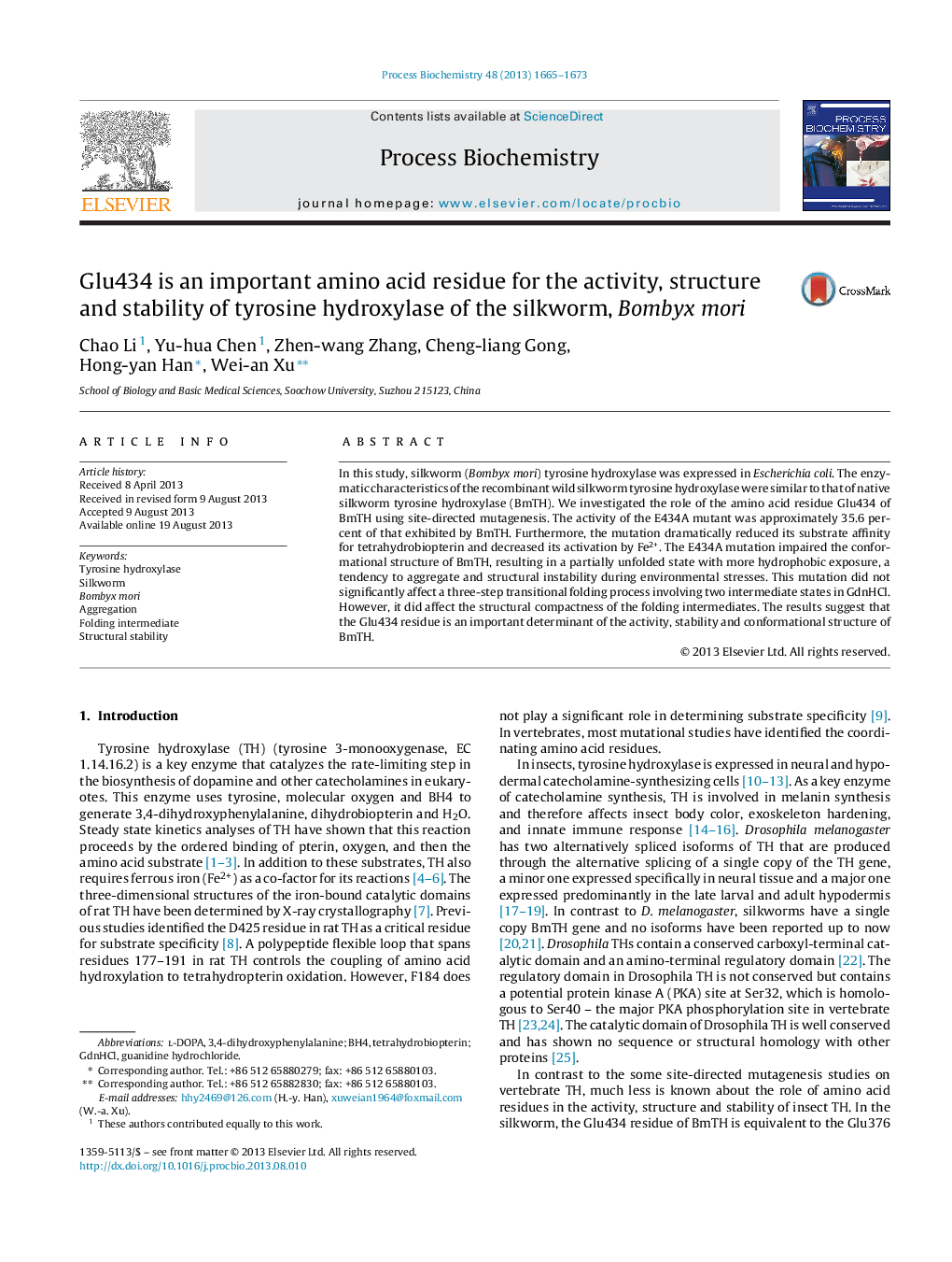 Glu434 is an important amino acid residue for the activity, structure and stability of tyrosine hydroxylase of the silkworm, Bombyx mori