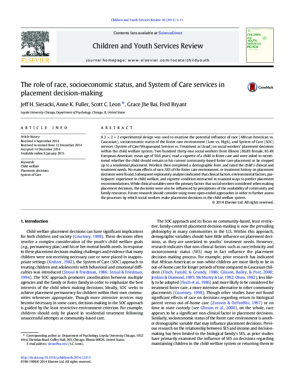 The role of race, socioeconomic status, and System of Care services in placement decision-making