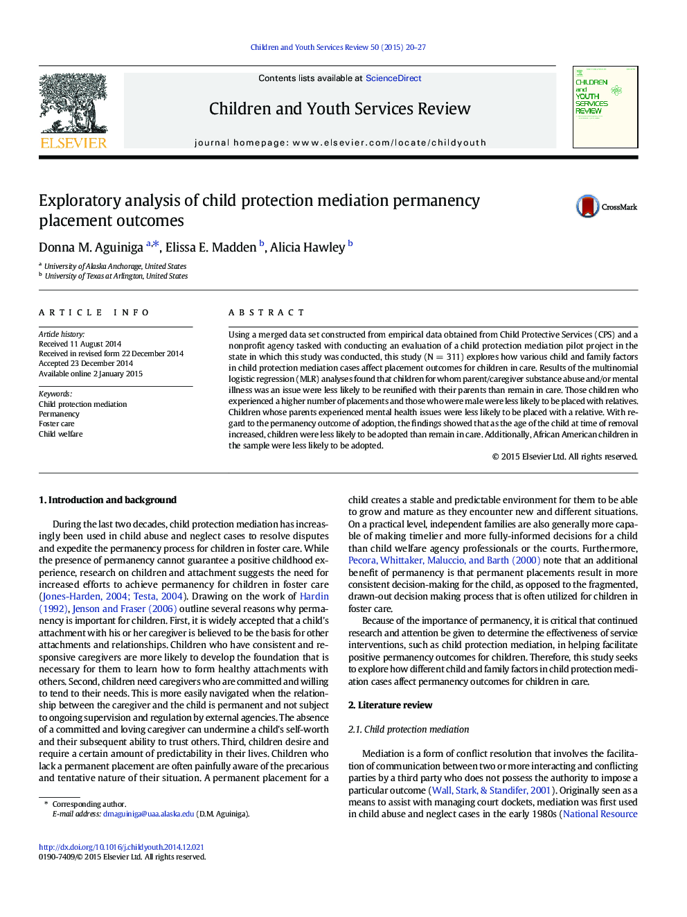 Exploratory analysis of child protection mediation permanency placement outcomes