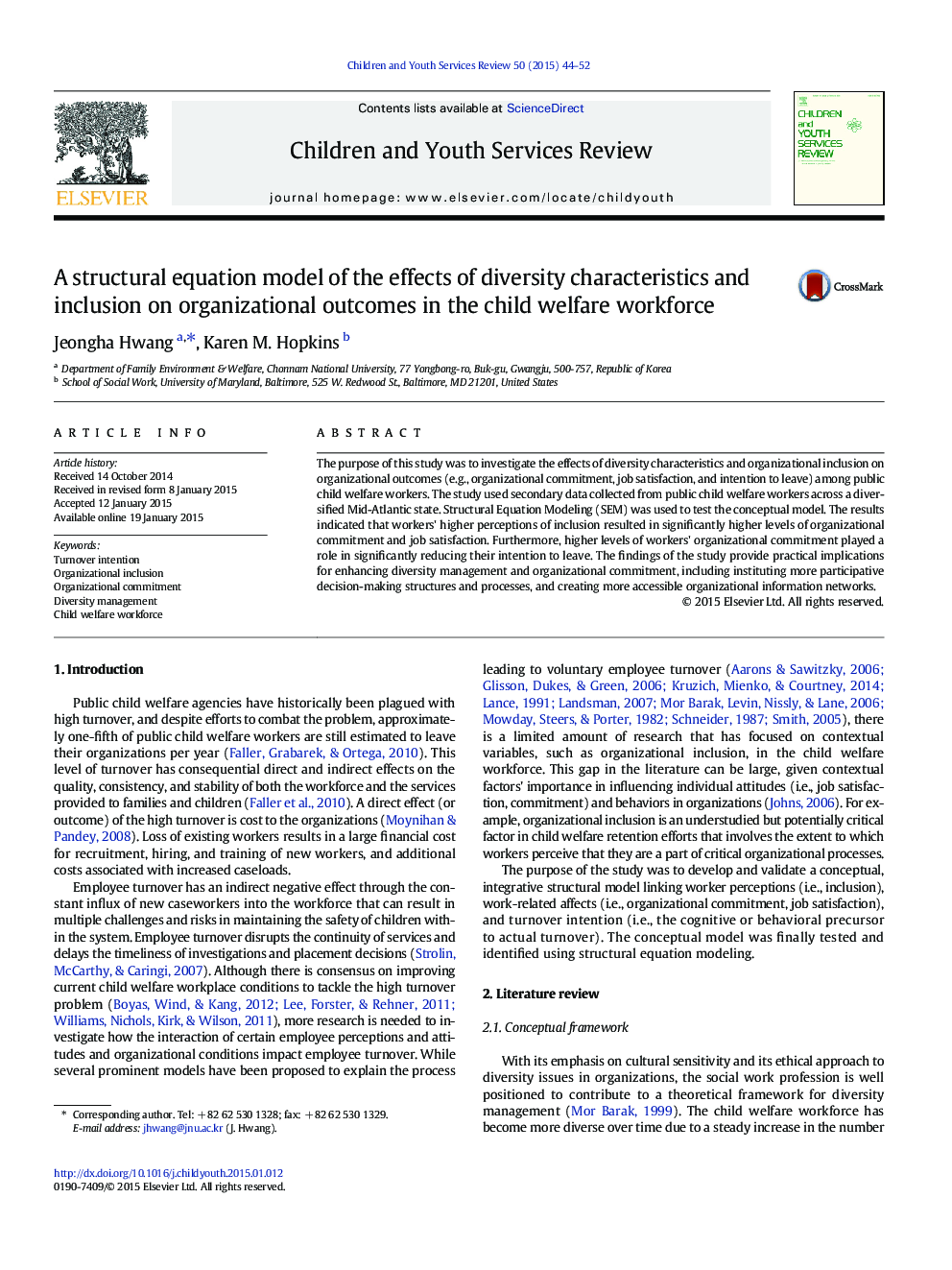 A structural equation model of the effects of diversity characteristics and inclusion on organizational outcomes in the child welfare workforce