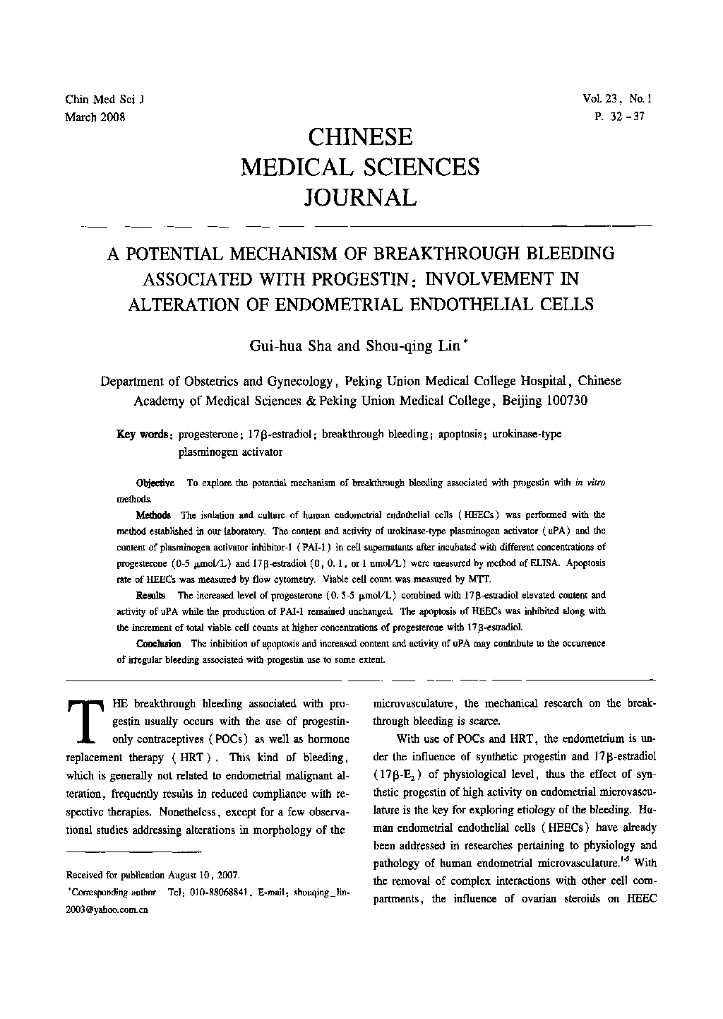 A Potential Mechanism of Breakthrough Bleeding Associated with Progestin: Involvement in Alteration of Endometrial Endothelial Cells