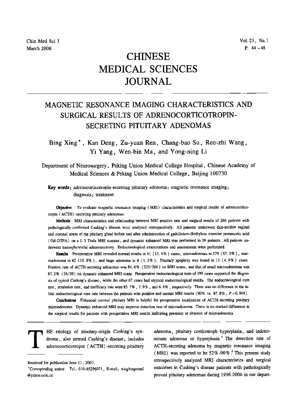 Magnetic Resonance Imaging Characteristics and Surgical Results of Adrenocorticotropin-Secreting Pituitary Adenomas