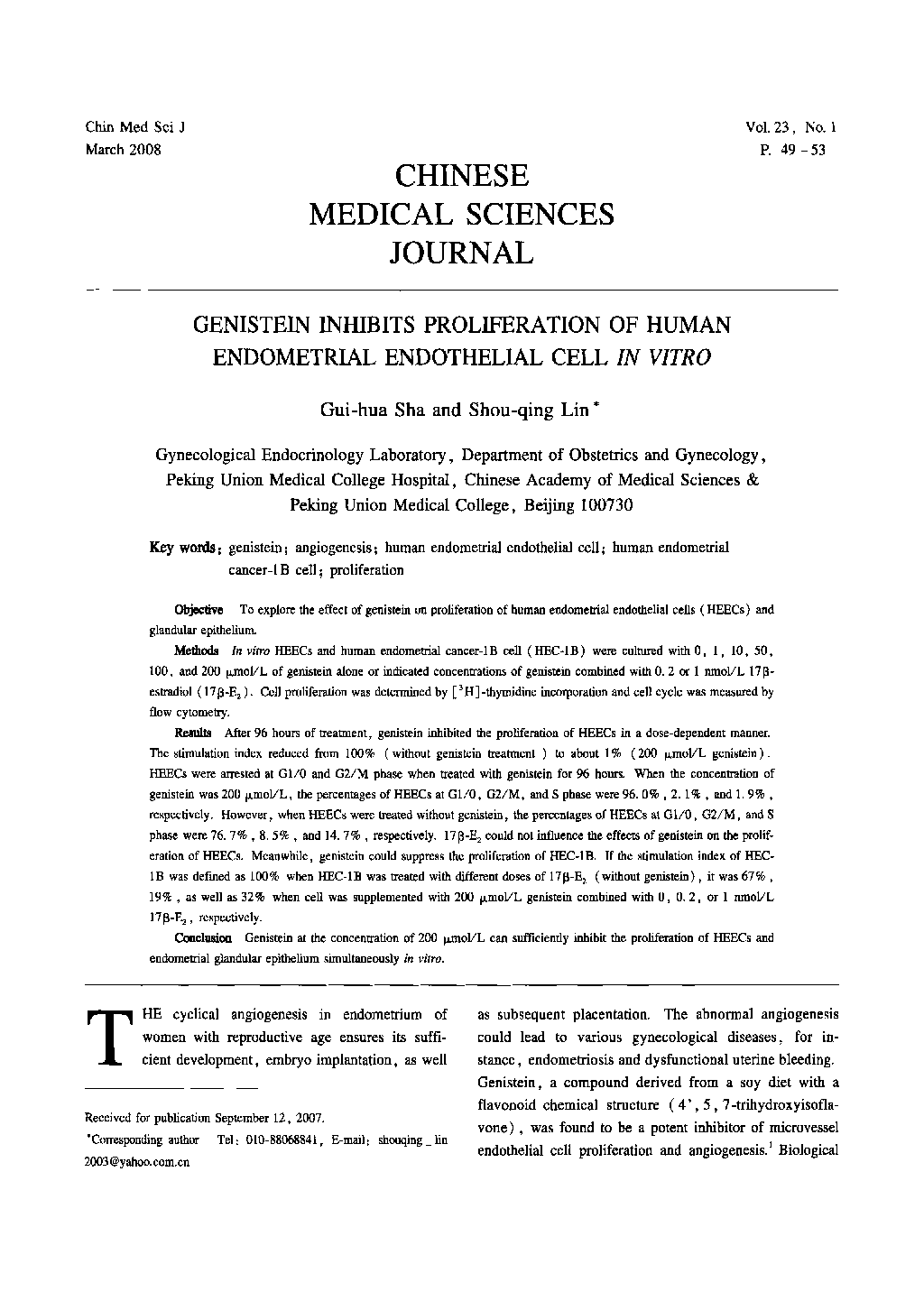 Genistein Inhibits Proliferation of Human Endometrial Endothelial Cell in vitro