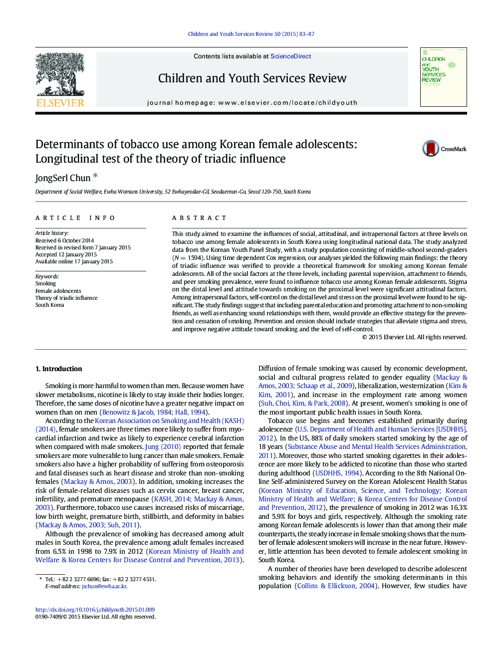 Determinants of tobacco use among Korean female adolescents: Longitudinal test of the theory of triadic influence