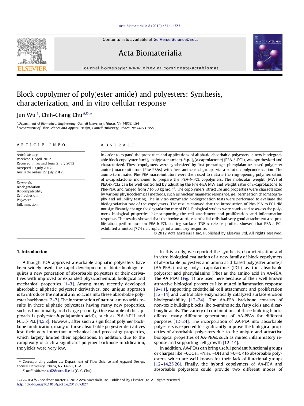 Block copolymer of poly(ester amide) and polyesters: Synthesis, characterization, and in vitro cellular response