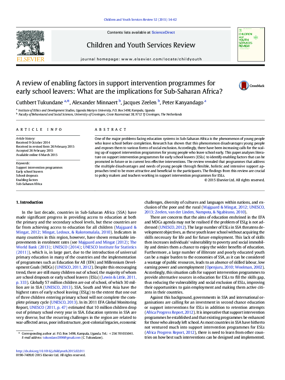 A review of enabling factors in support intervention programmes for early school leavers: What are the implications for Sub-Saharan Africa?