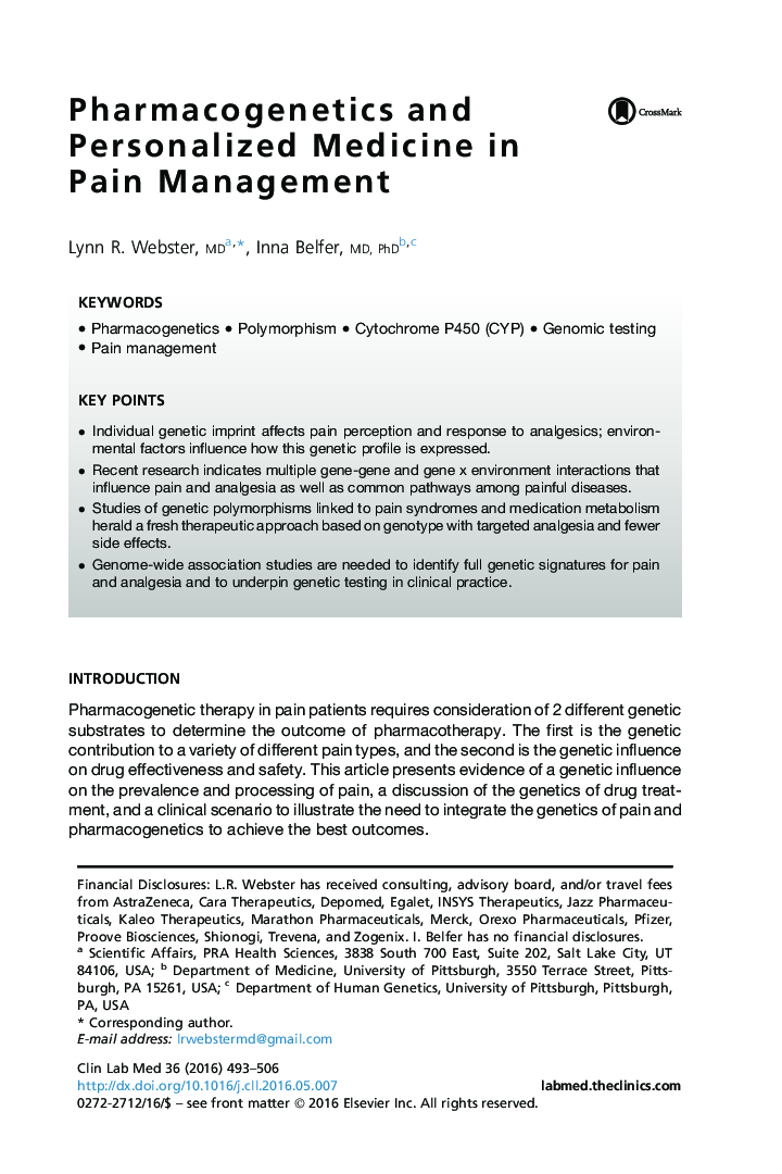 Pharmacogenetics and Personalized Medicine in Pain Management