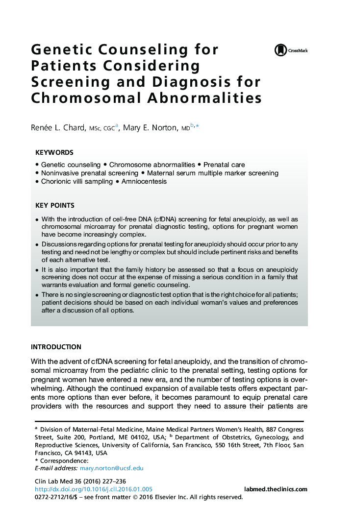 Genetic Counseling for Patients Considering Screening and Diagnosis for Chromosomal Abnormalities