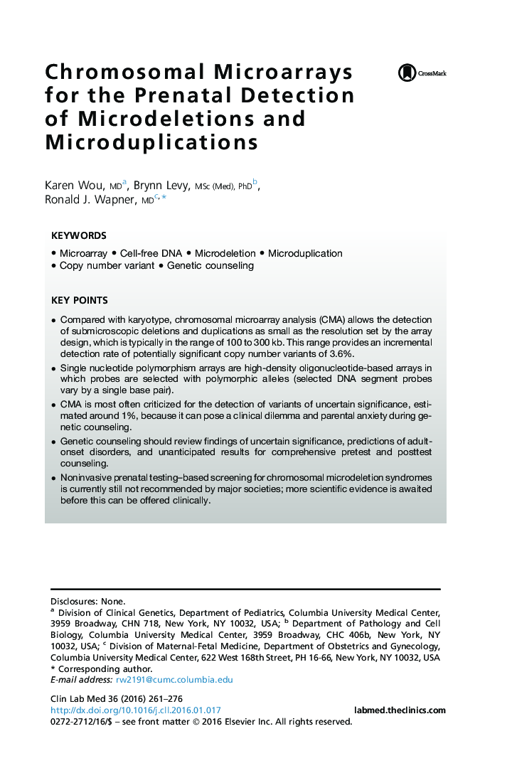 Chromosomal Microarrays for the Prenatal Detection of Microdeletions and Microduplications
