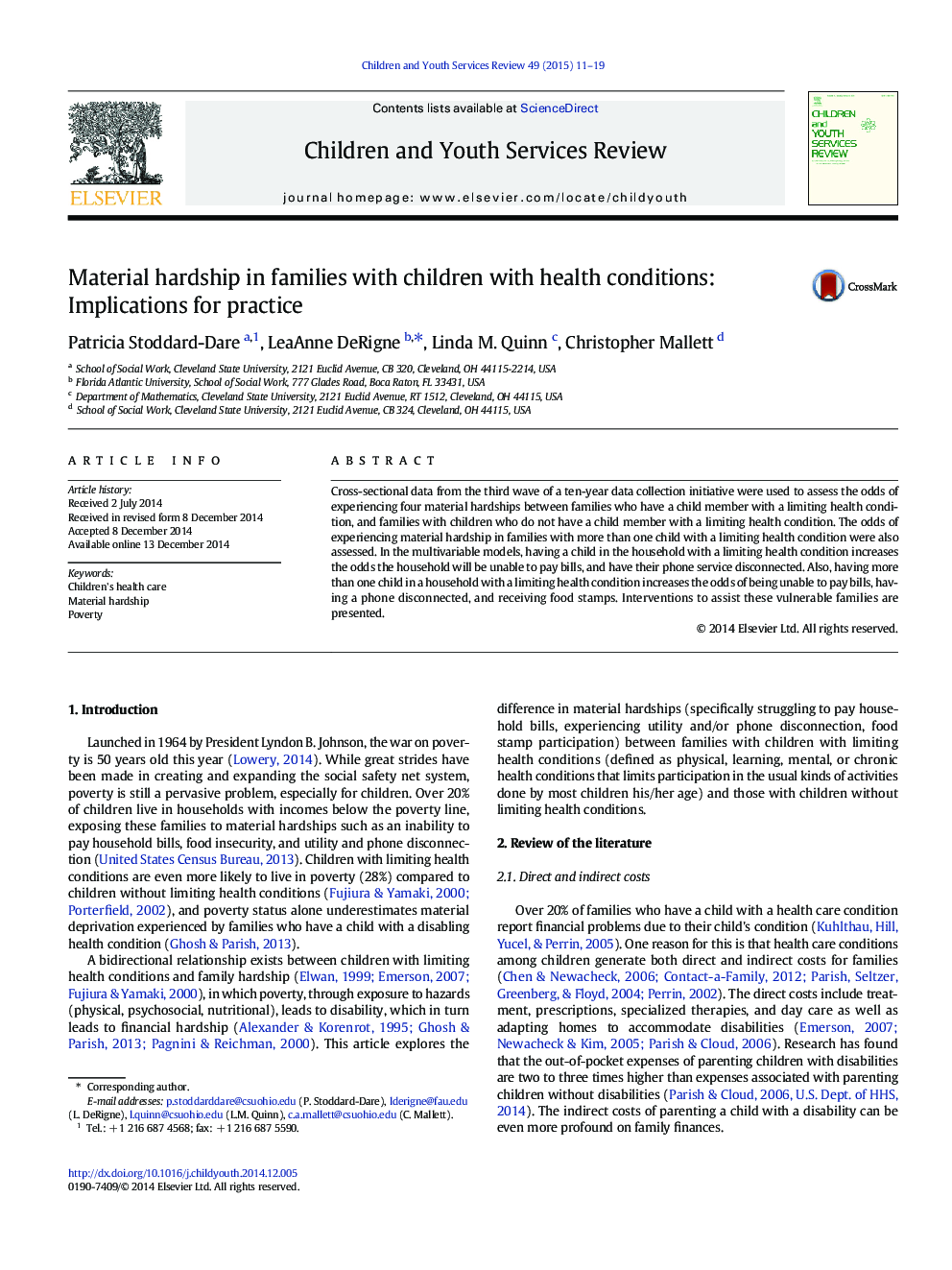 Material hardship in families with children with health conditions: Implications for practice