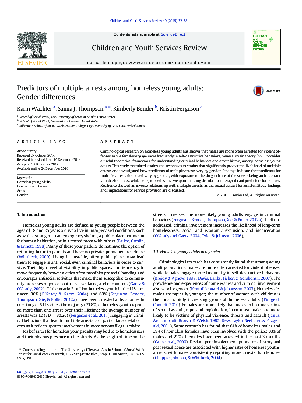 Predictors of multiple arrests among homeless young adults: Gender differences