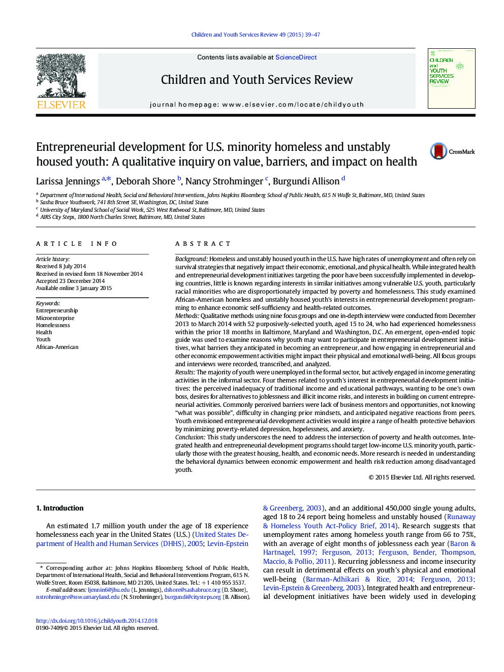 Entrepreneurial development for U.S. minority homeless and unstably housed youth: A qualitative inquiry on value, barriers, and impact on health