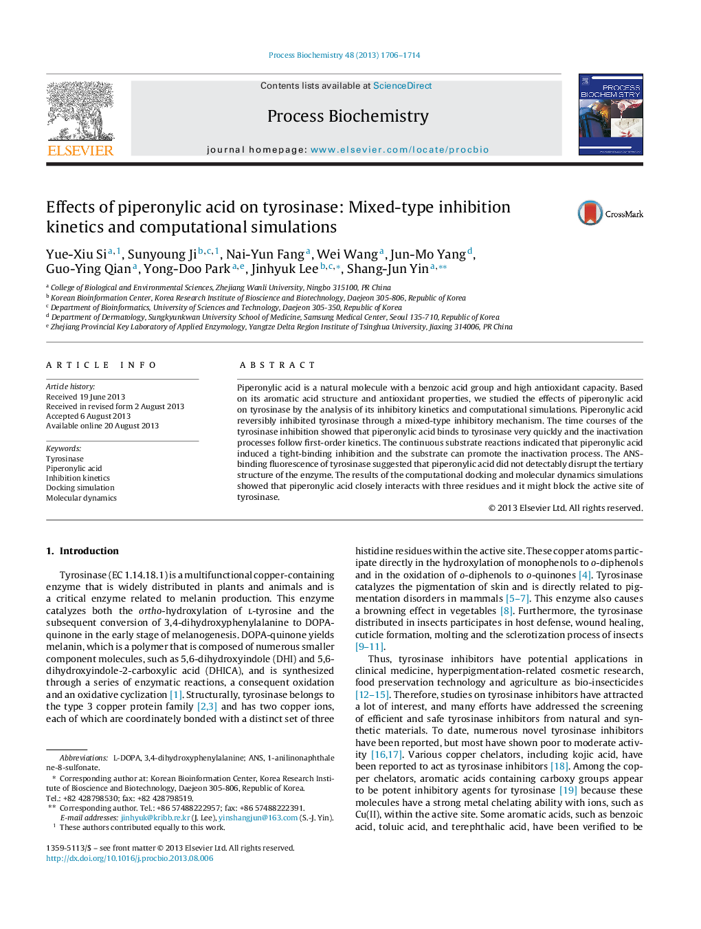 Effects of piperonylic acid on tyrosinase: Mixed-type inhibition kinetics and computational simulations