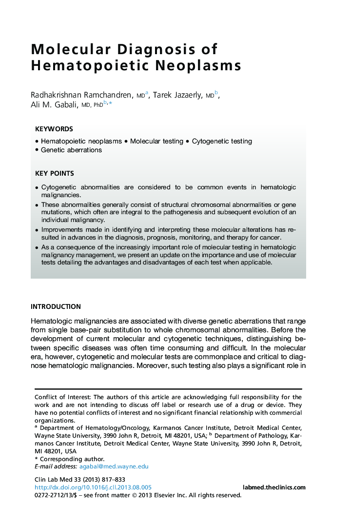 Molecular Diagnosis of Hematopoietic Neoplasms