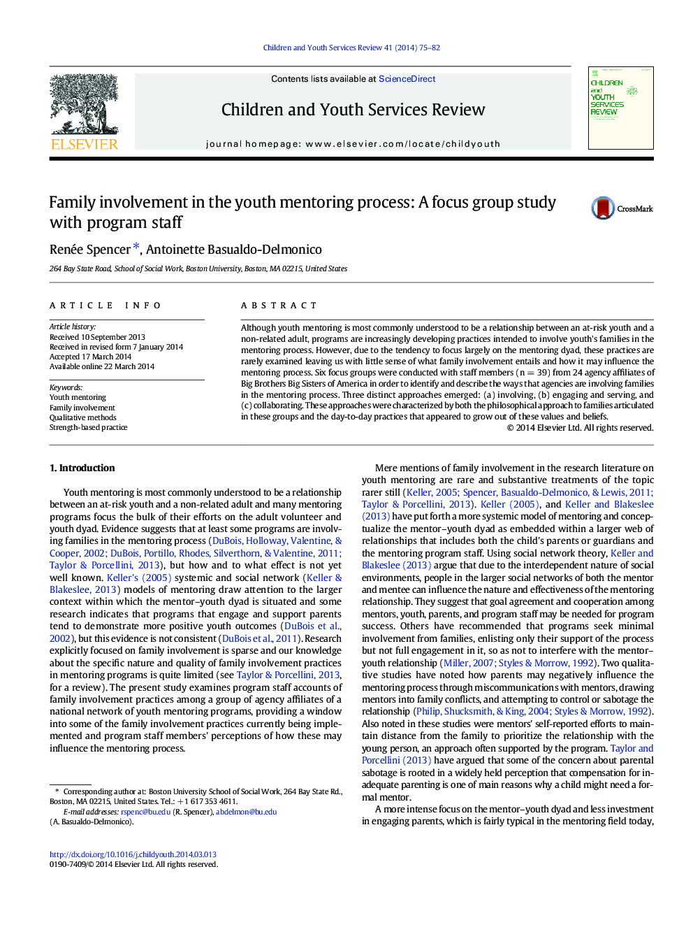 Family involvement in the youth mentoring process: A focus group study with program staff