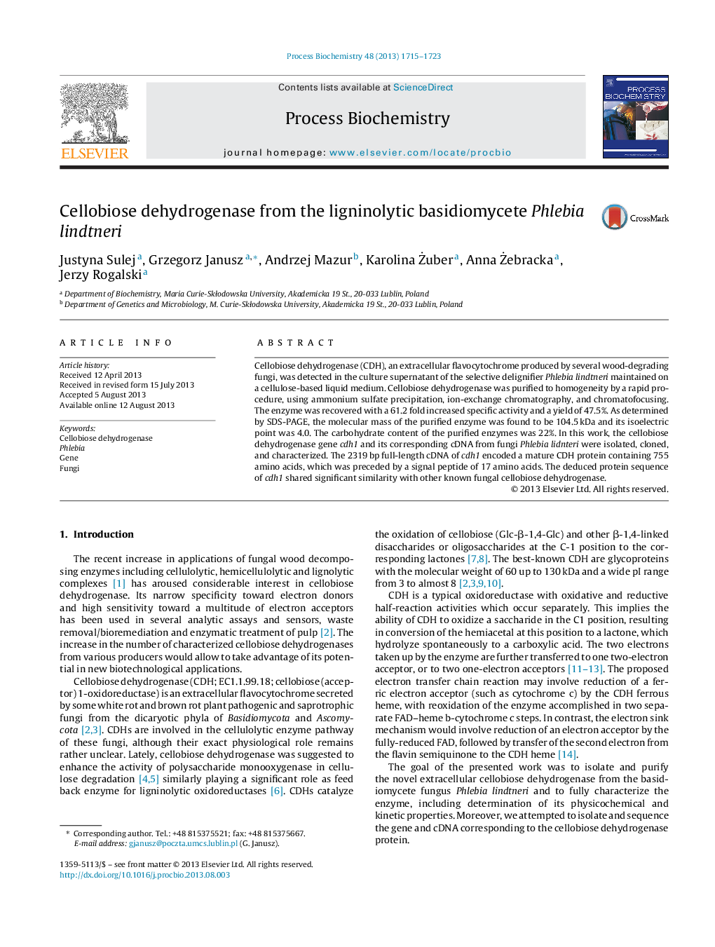 Cellobiose dehydrogenase from the ligninolytic basidiomycete Phlebia lindtneri