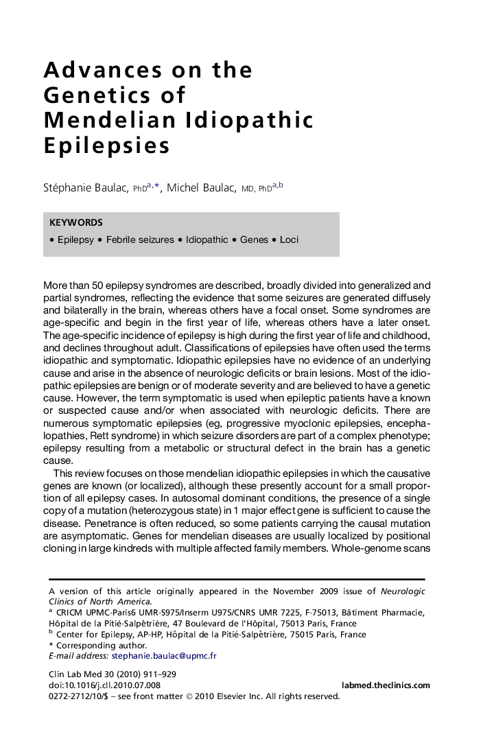 Advances on the Genetics of Mendelian Idiopathic Epilepsies