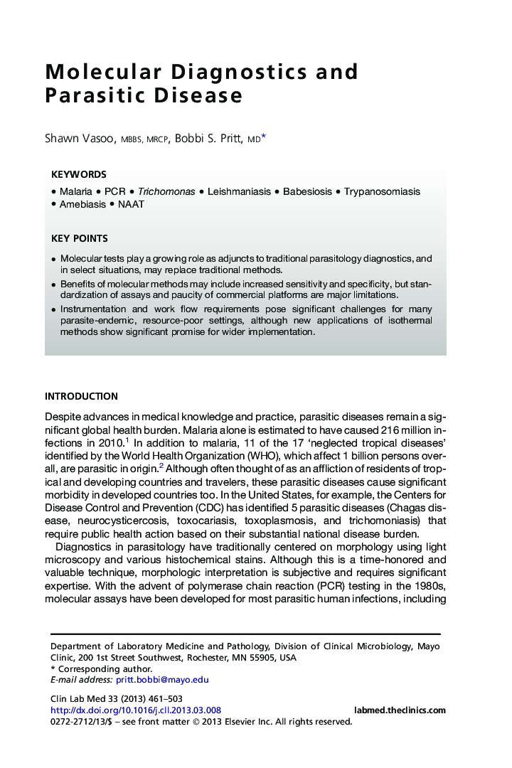 Molecular Diagnostics and Parasitic Disease